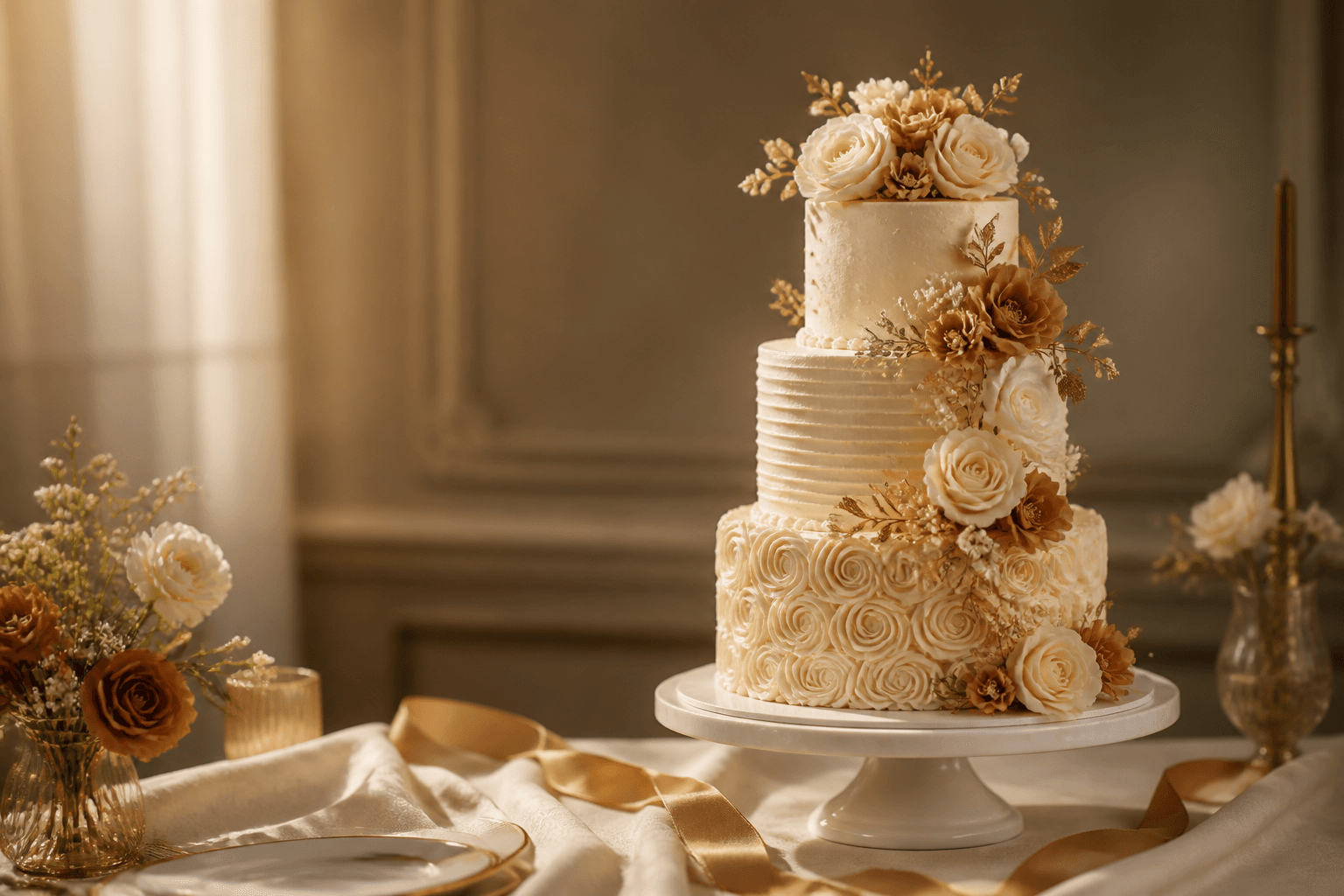 Elegant tiered celebration cake with caramel and champagne-gold details